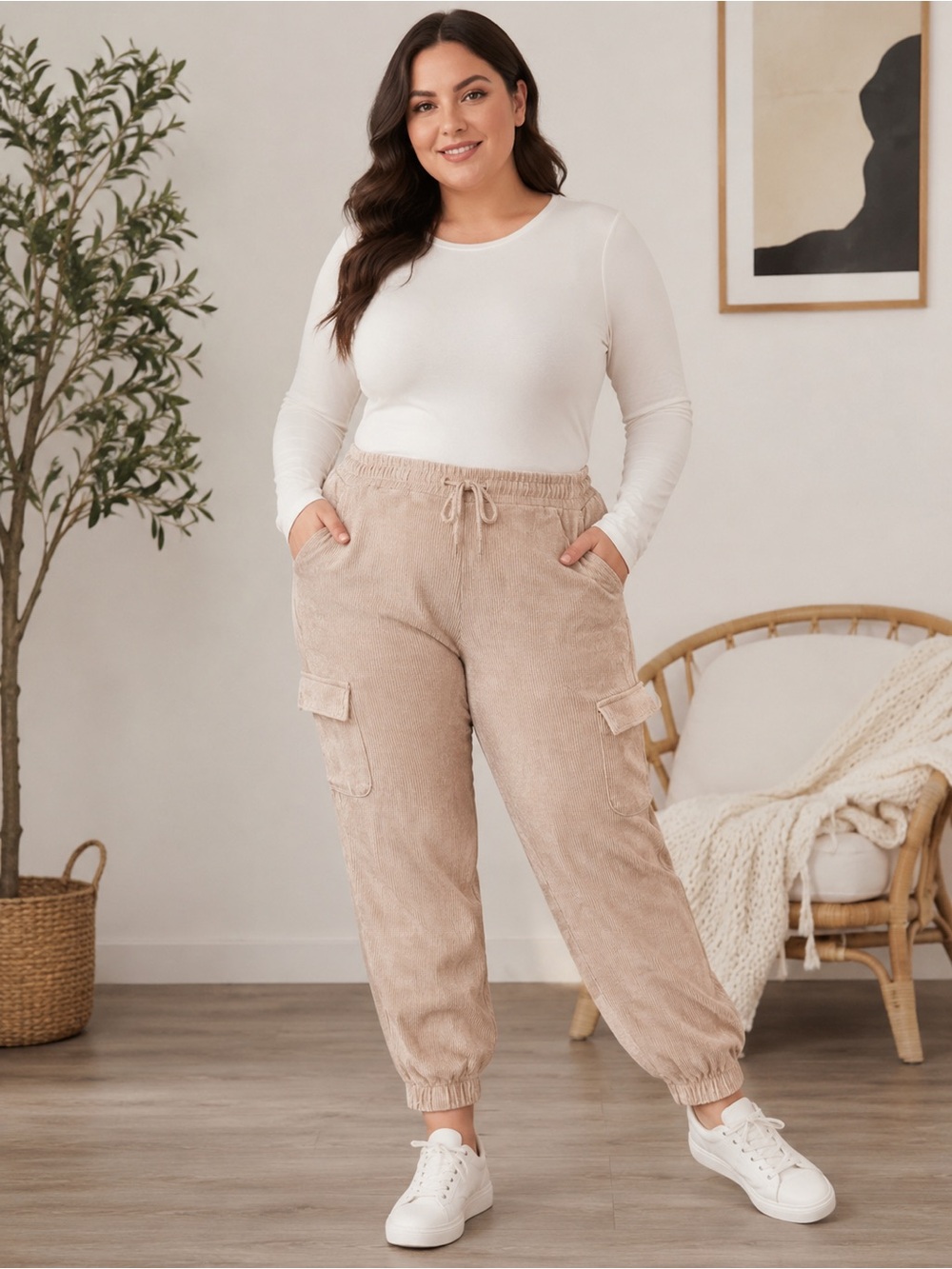 MOON RYDER corded joggers cargo pants in tan khaki sz 2XL